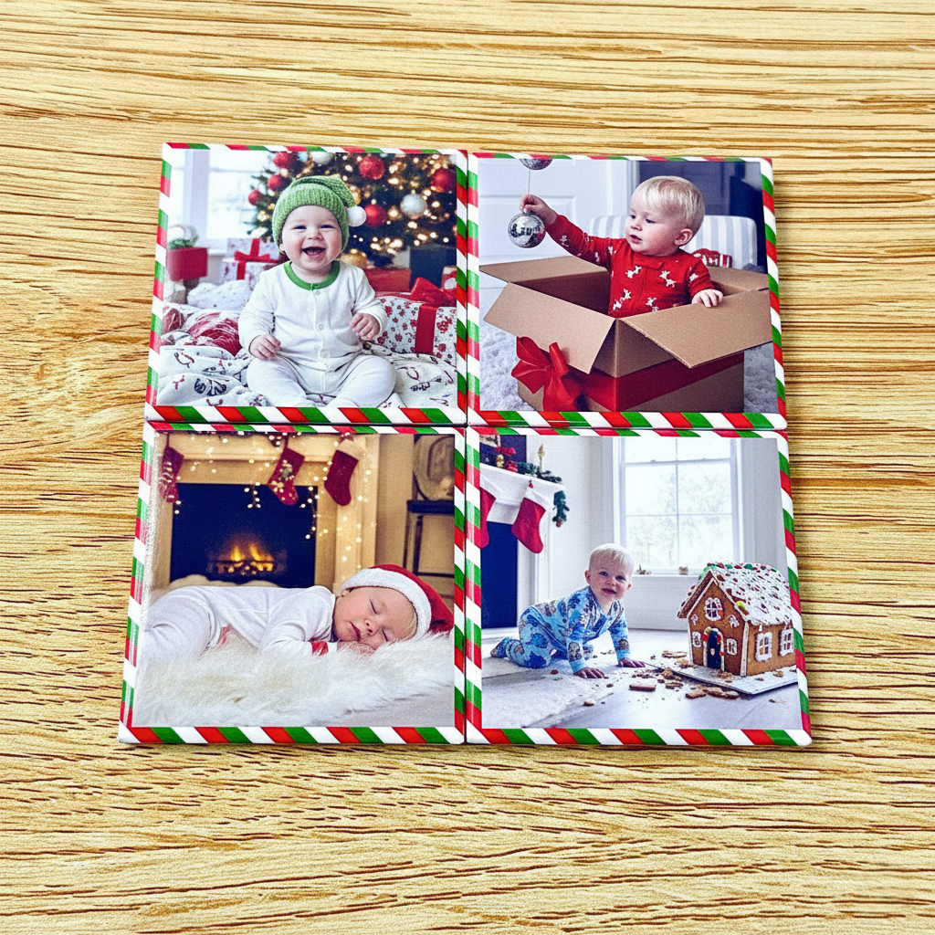 Four personalised Christmas photo magnets for the fridge, perfect as gifts, kitchen decor or stocking stuffers