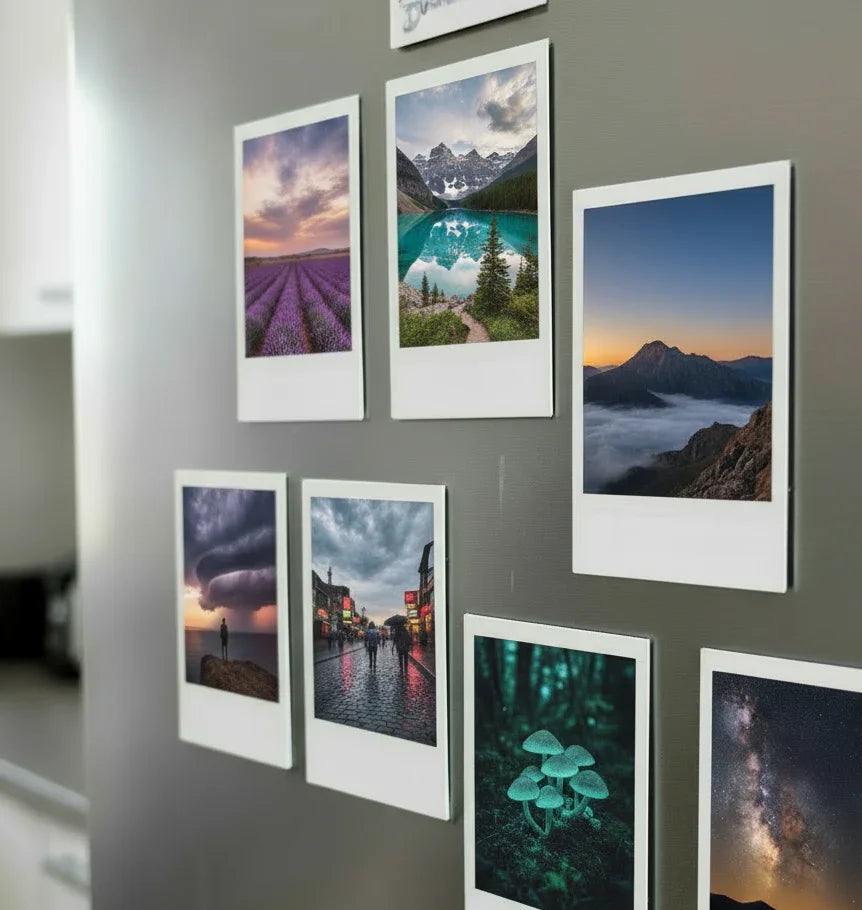 Collection of framed photographs retro print photo magnets on a wall, featuring landscapes and nature scenes.