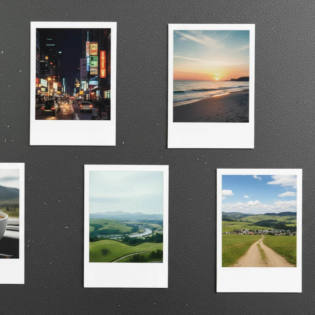 Collection of scenaries framed photographs retro fridge magnets on a dark background