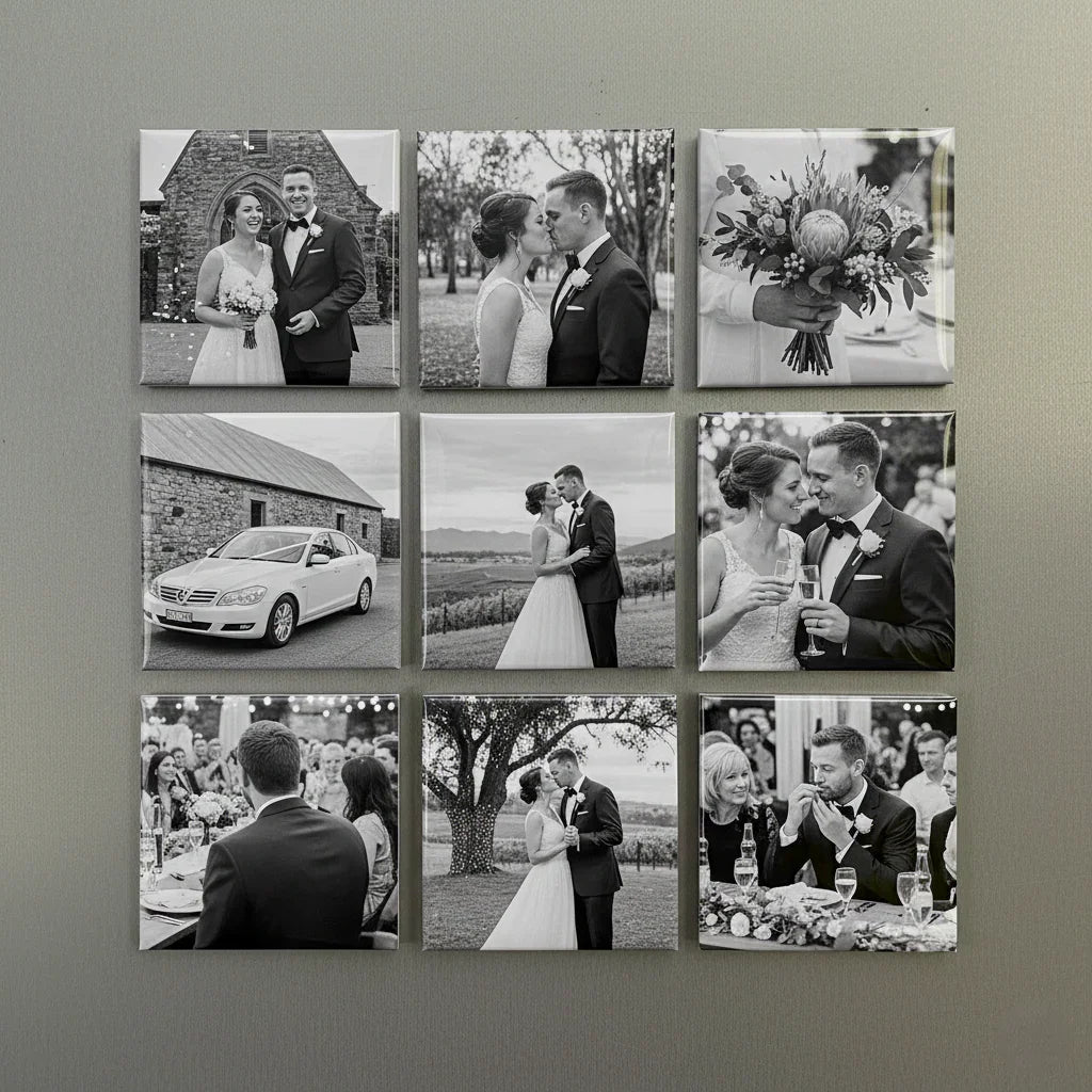 Collage of wedding photos ceremony on a gray wall, 9 handmade photo magnets gifts decor custom fridge magnets