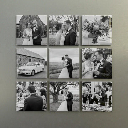 Collage of wedding photos ceremony on a gray wall, 9 handmade photo magnets gifts decor custom fridge magnets