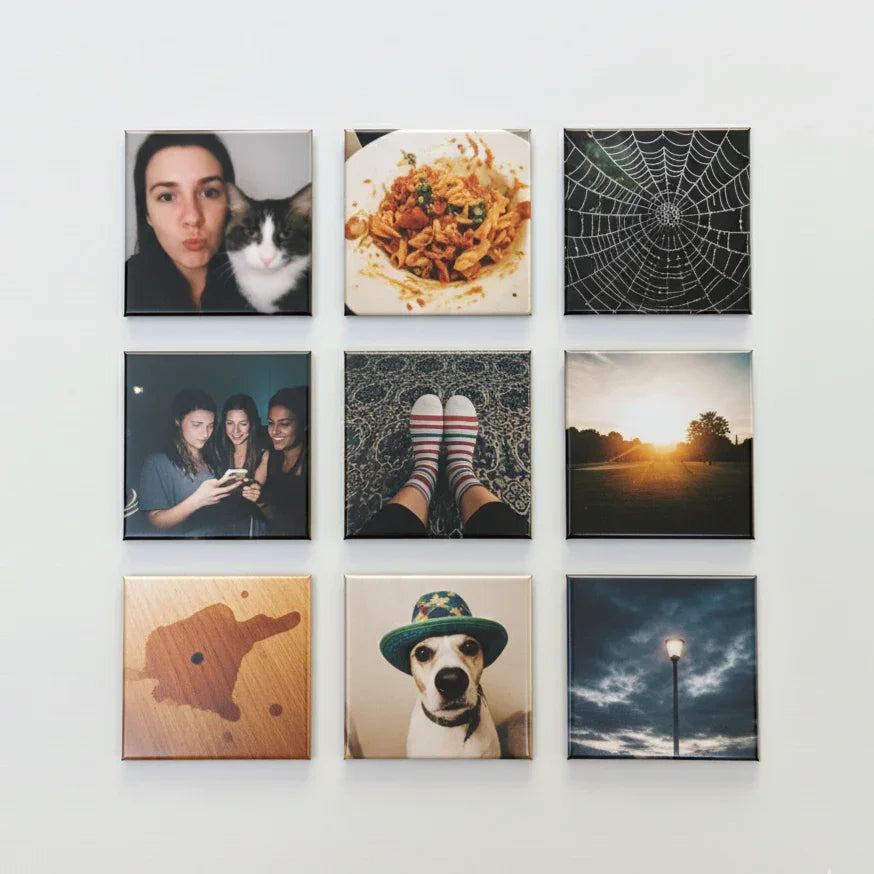 Nine square Photo Magnets arranged in a 2x2 grid on a white wall, memory Handcrafted Gifts home decor Fridge Magnets