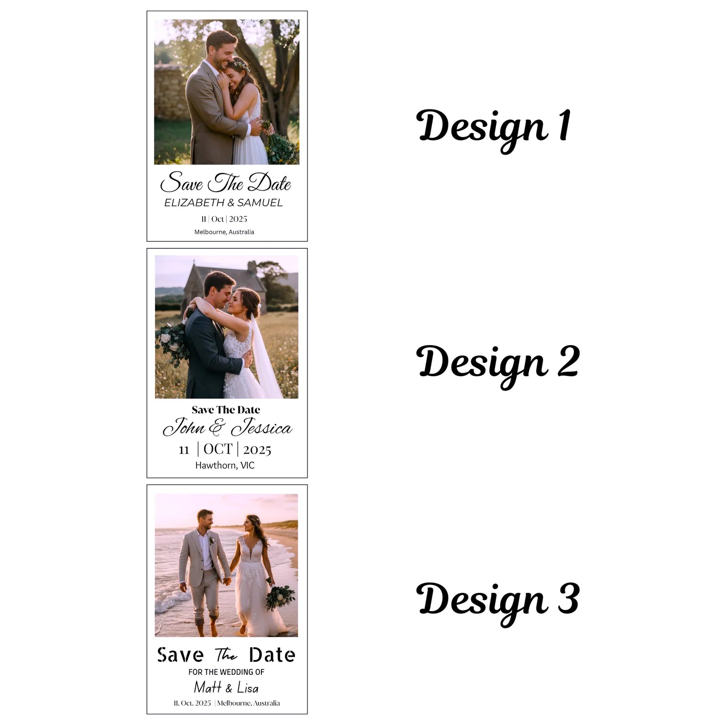 Three 'Save The Date' fridge magnets designs with wedding ceremony couples in various poses personalised photo magnets