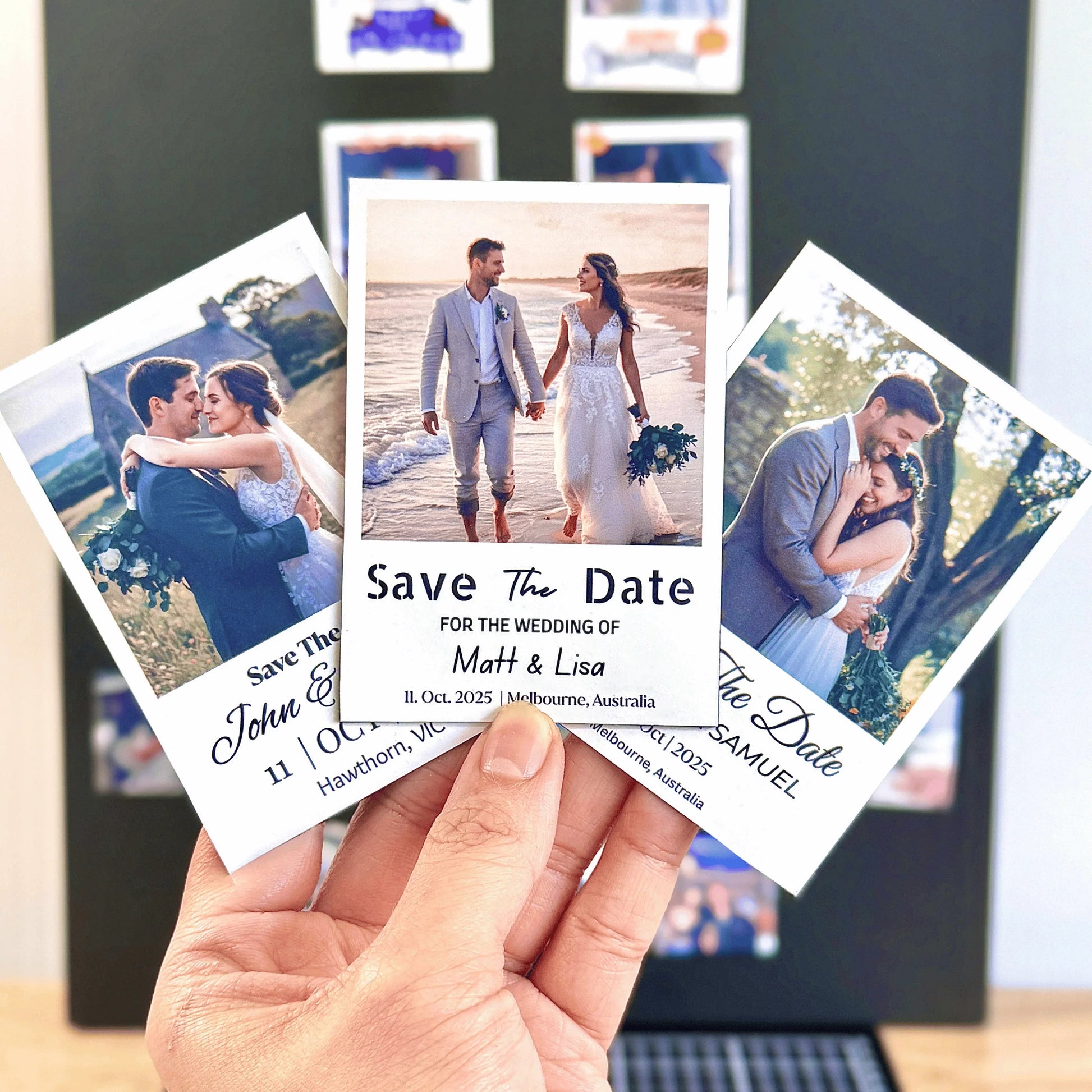 Hand holding a 'Save The Date' card with romantic photos of a couple wedding ceremony photo magnets retro custom print personalised.