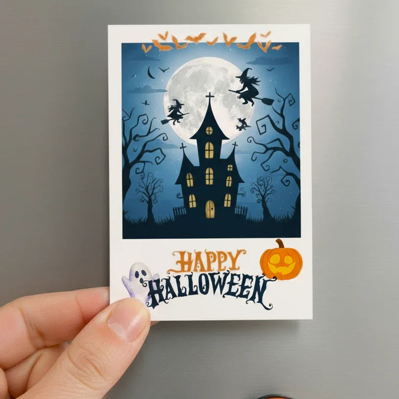 Halloween-themed card photo magnet with a haunted house, full moon, and pumpkins held by a hand.