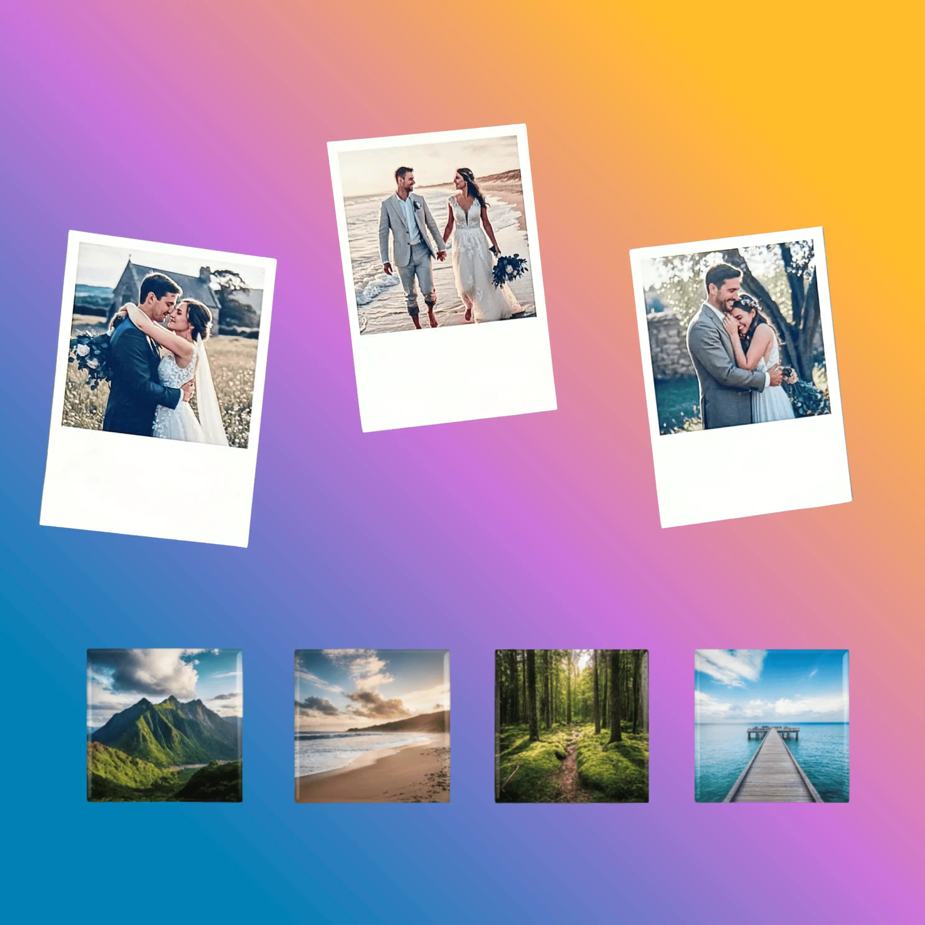 Polaroid-style photos of a couple and custom picture magnets on fridge featuring hot sale bundle gift