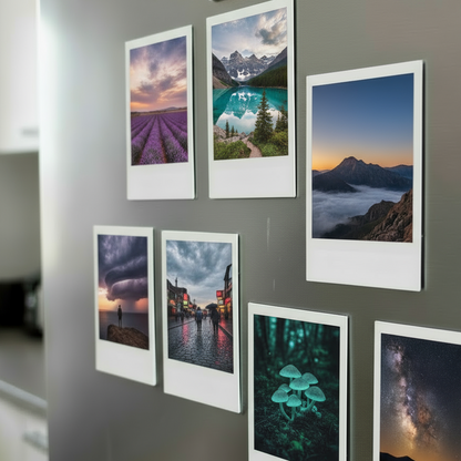 Collection of framed photographs retro print photo magnets on a wall, featuring landscapes and nature scenes.
