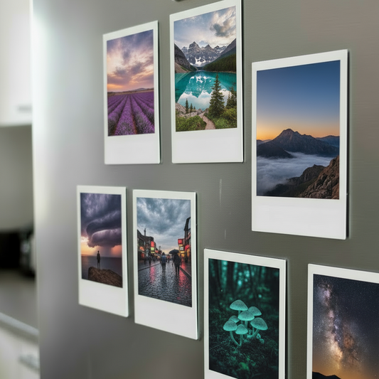 Collection of framed photographs retro print photo magnets on a wall, featuring landscapes and nature scenes.