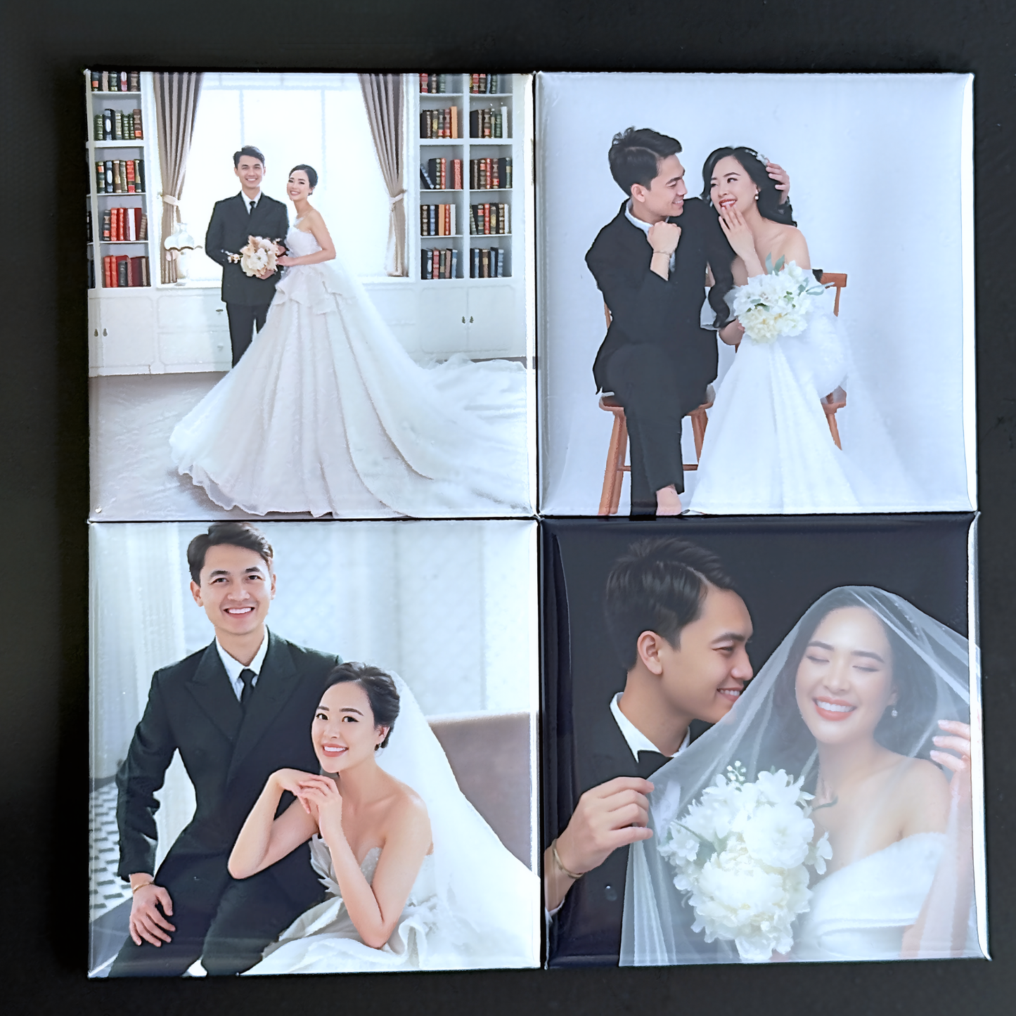 MiniCharms Custom Photo Printed Fridge Magnet set of four square wedding photo magnets featuring bride and groom portraits in formal attires. 